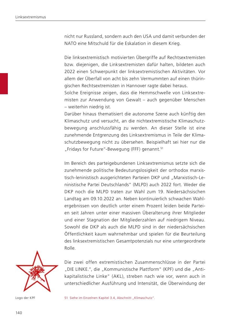 Seite 142 des Verfassungsschutzbericht 2022 Niedersachsen