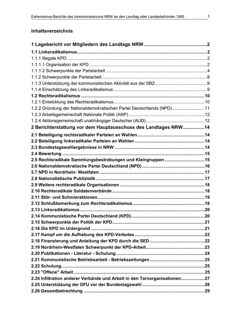 Seite 1 des Verfassungsschutzbericht 1965 Nordrhein-Westfalen