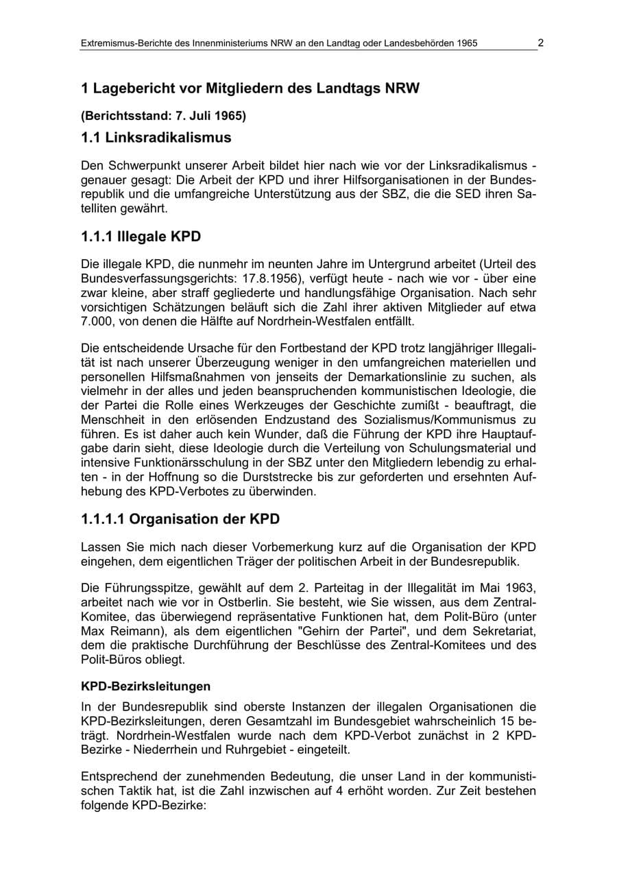 Seite 2 des Verfassungsschutzbericht 1965 Nordrhein-Westfalen