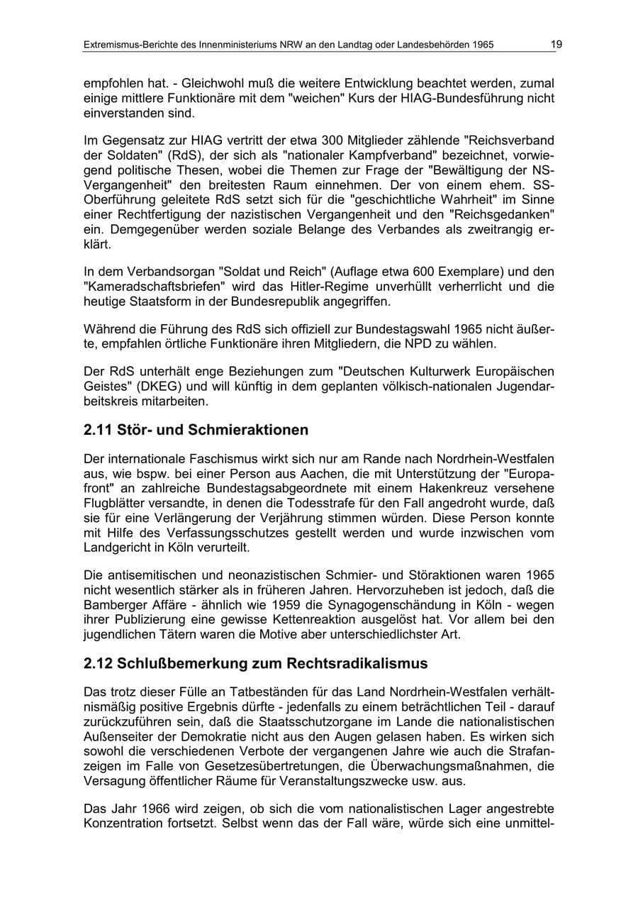 Seite 19 des Verfassungsschutzbericht 1965 Nordrhein-Westfalen