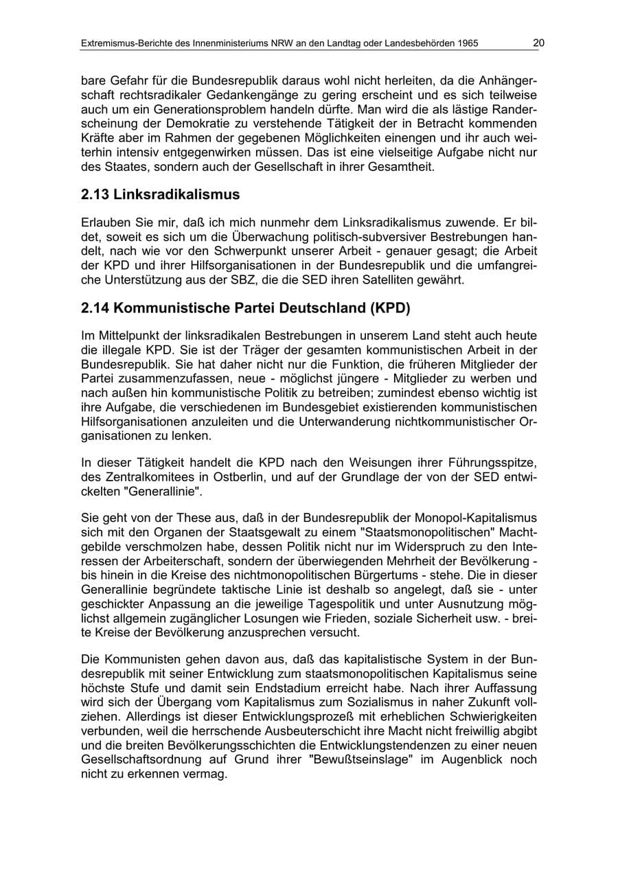 Seite 20 des Verfassungsschutzbericht 1965 Nordrhein-Westfalen