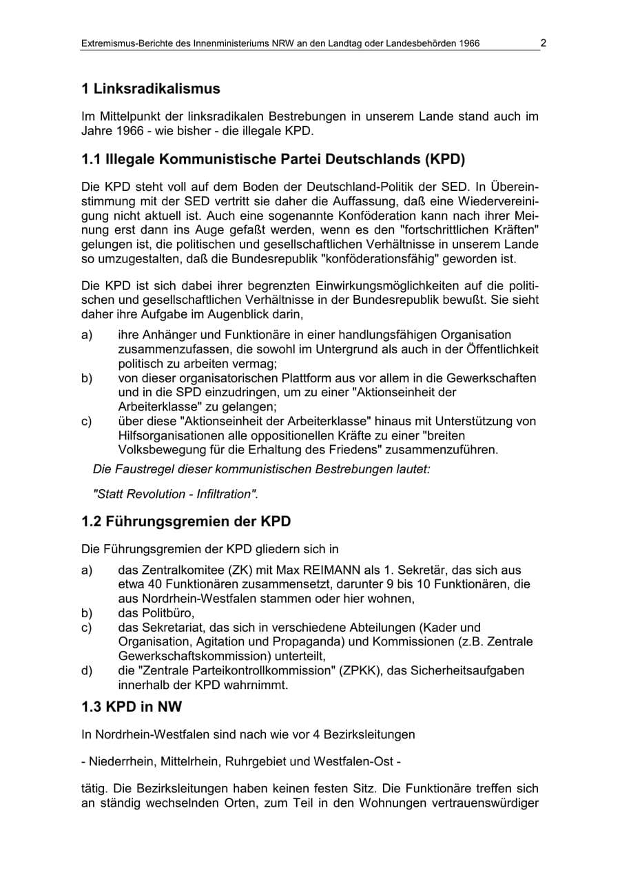 Seite 2 des Verfassungsschutzbericht 1966 Nordrhein-Westfalen