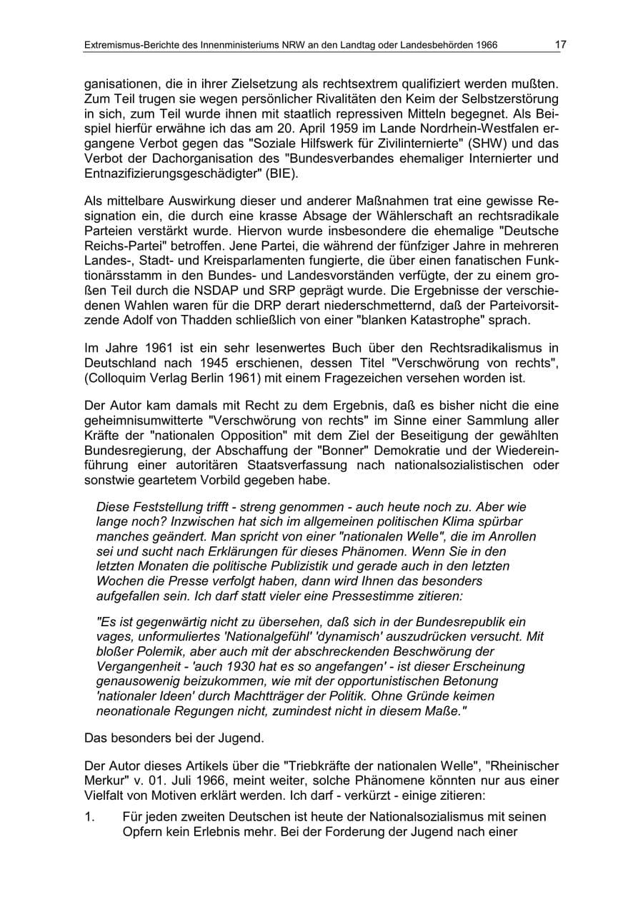 Seite 17 des Verfassungsschutzbericht 1966 Nordrhein-Westfalen