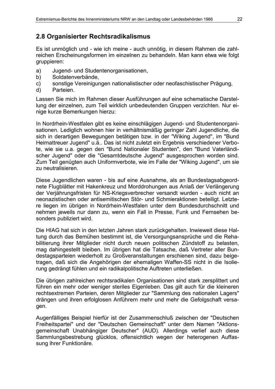 Seite 22 des Verfassungsschutzbericht 1966 Nordrhein-Westfalen