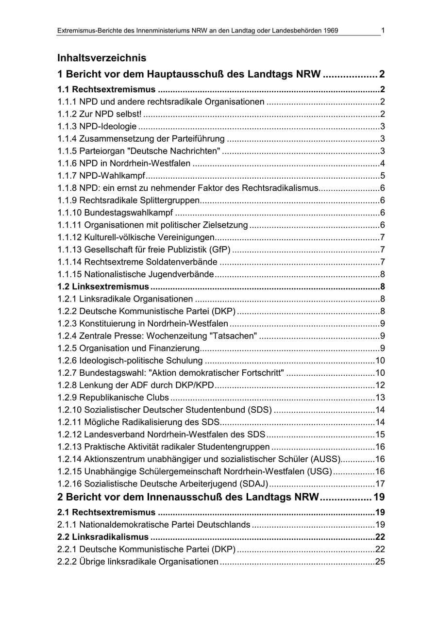 Seite 1 des Verfassungsschutzbericht 1969 Nordrhein-Westfalen