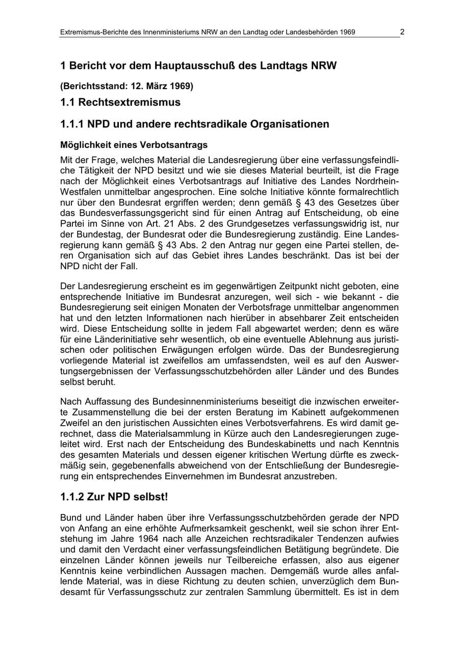 Seite 2 des Verfassungsschutzbericht 1969 Nordrhein-Westfalen