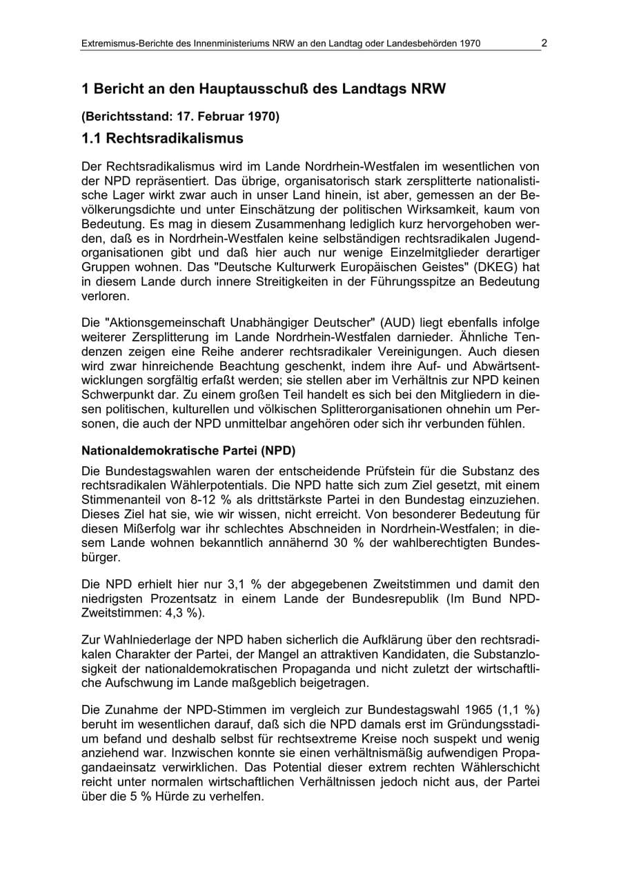 Seite 2 des Verfassungsschutzbericht 1970 Nordrhein-Westfalen