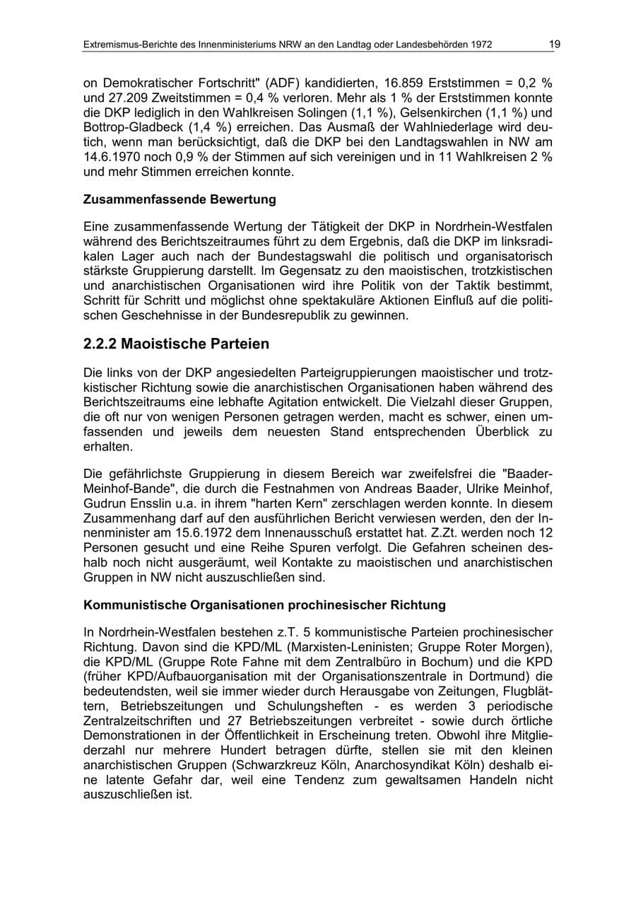 Seite 19 des Verfassungsschutzbericht 1972 Nordrhein-Westfalen