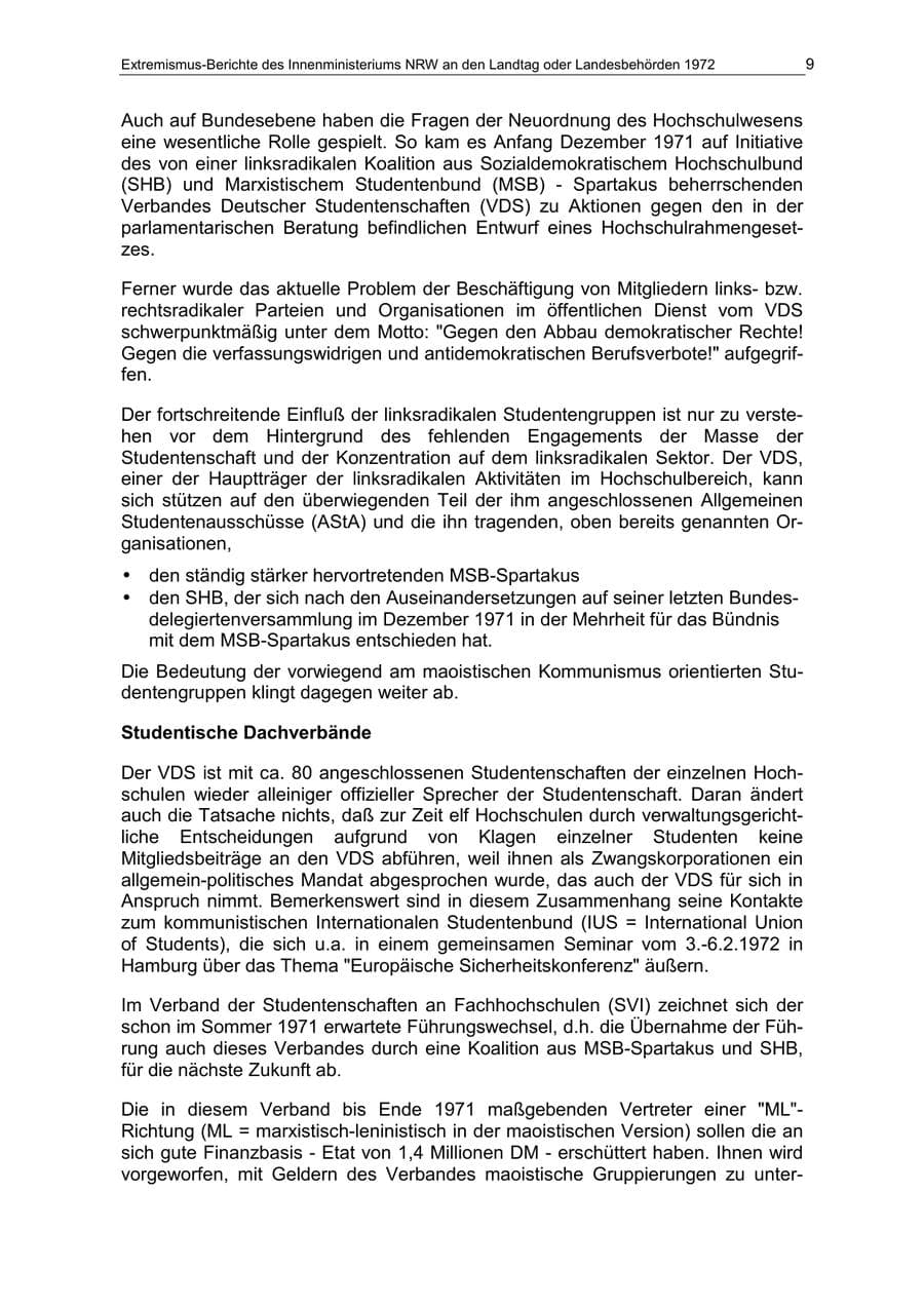 Seite 9 des Verfassungsschutzbericht 1972 Nordrhein-Westfalen