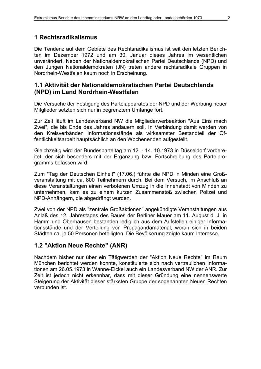 Seite 2 des Verfassungsschutzbericht 1973 Nordrhein-Westfalen