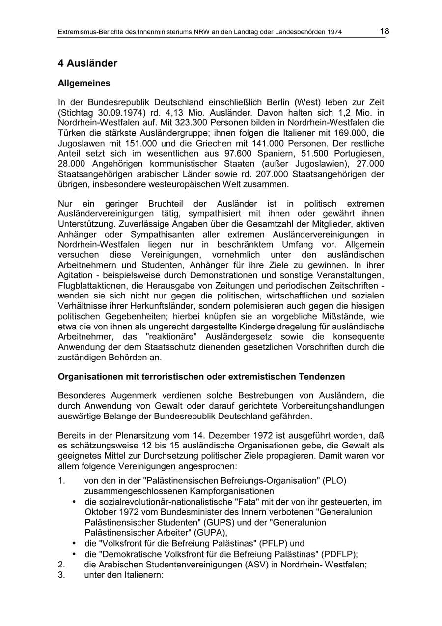 Seite 18 des Verfassungsschutzbericht 1974 Nordrhein-Westfalen