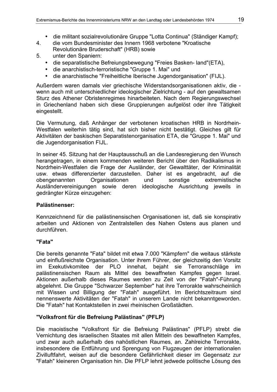 Seite 19 des Verfassungsschutzbericht 1974 Nordrhein-Westfalen