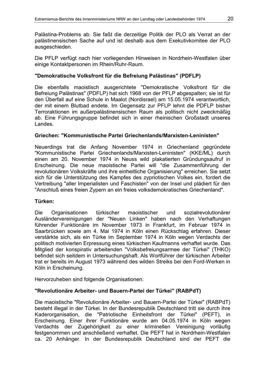 Seite 20 des Verfassungsschutzbericht 1974 Nordrhein-Westfalen