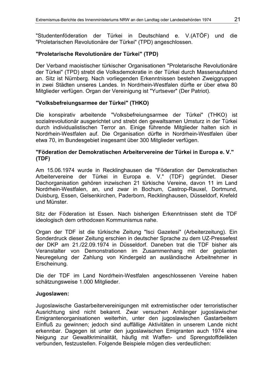 Seite 21 des Verfassungsschutzbericht 1974 Nordrhein-Westfalen