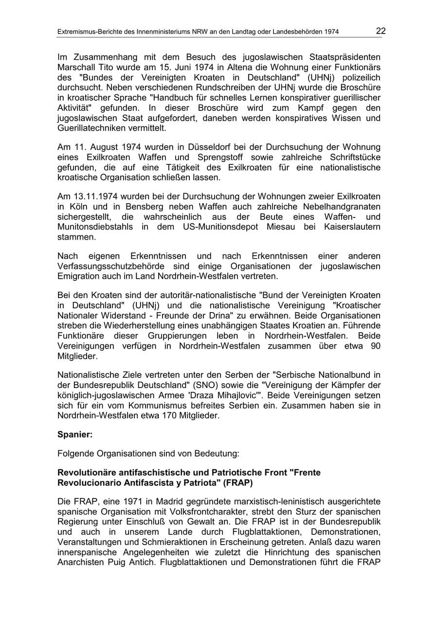 Seite 22 des Verfassungsschutzbericht 1974 Nordrhein-Westfalen
