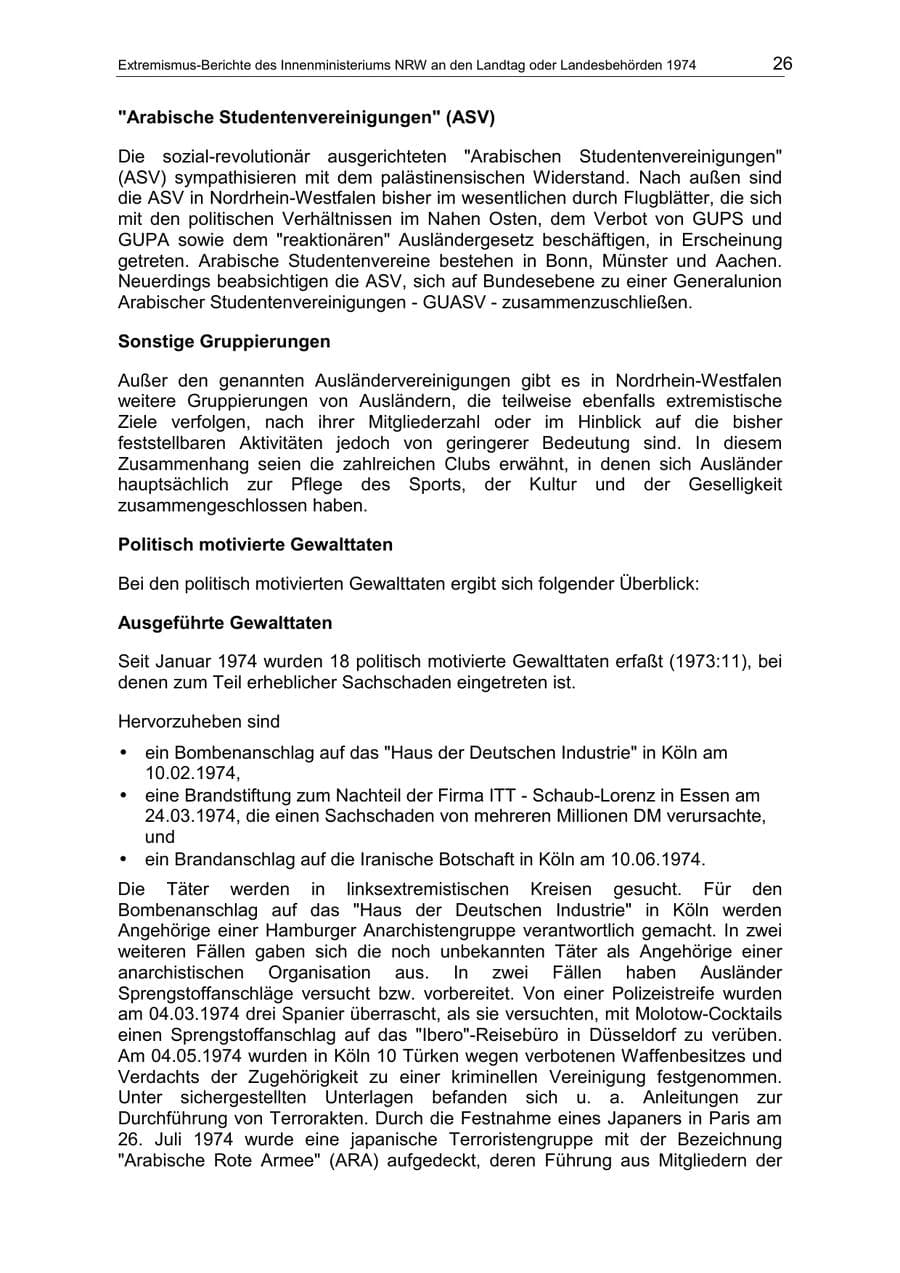 Seite 26 des Verfassungsschutzbericht 1974 Nordrhein-Westfalen
