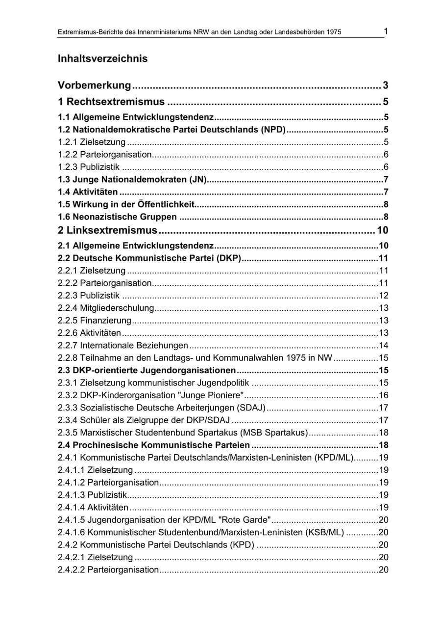 Seite 1 des Verfassungsschutzbericht 1975 Nordrhein-Westfalen