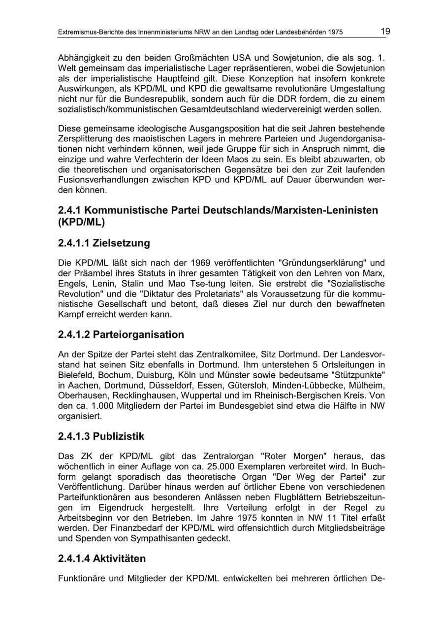Seite 19 des Verfassungsschutzbericht 1975 Nordrhein-Westfalen