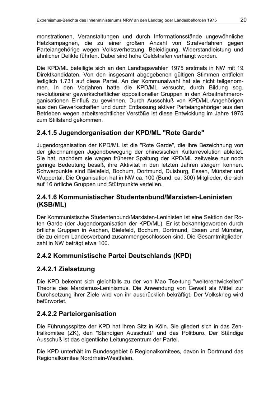 Seite 20 des Verfassungsschutzbericht 1975 Nordrhein-Westfalen