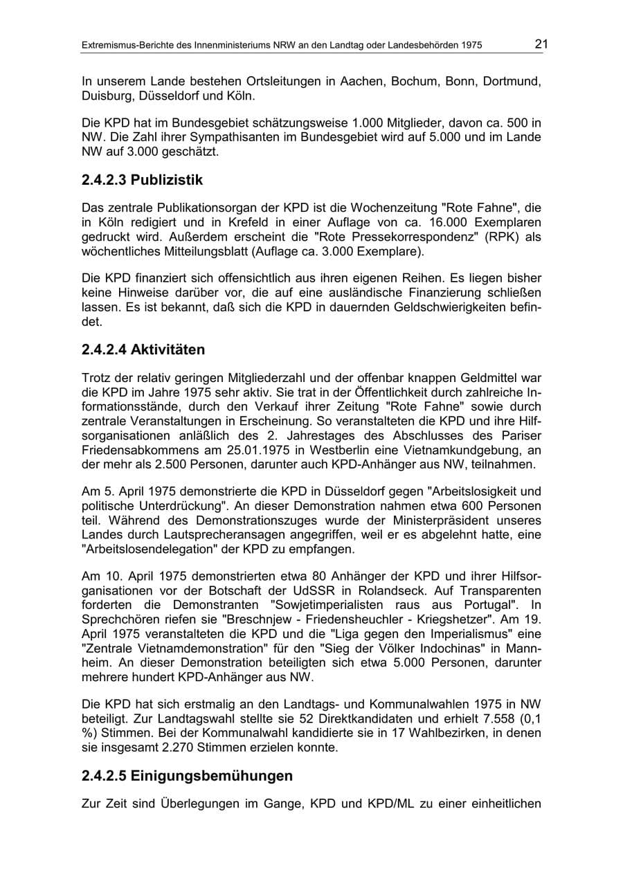 Seite 21 des Verfassungsschutzbericht 1975 Nordrhein-Westfalen