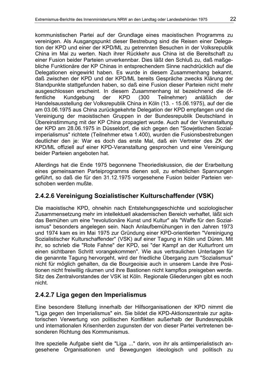 Seite 22 des Verfassungsschutzbericht 1975 Nordrhein-Westfalen