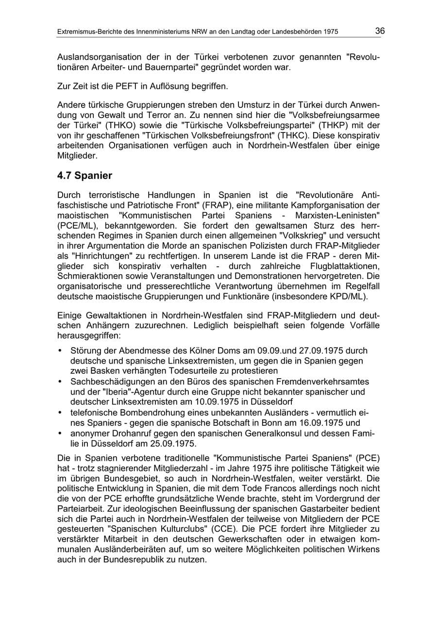 Seite 36 des Verfassungsschutzbericht 1975 Nordrhein-Westfalen