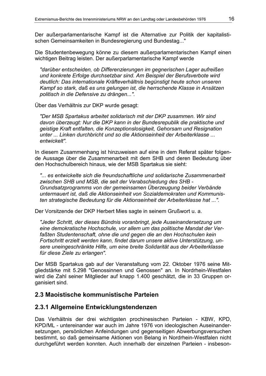 Seite 16 des Verfassungsschutzbericht 1976 Nordrhein-Westfalen