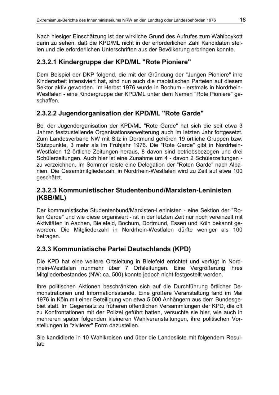 Seite 18 des Verfassungsschutzbericht 1976 Nordrhein-Westfalen