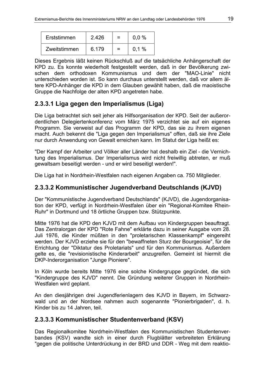Seite 19 des Verfassungsschutzbericht 1976 Nordrhein-Westfalen