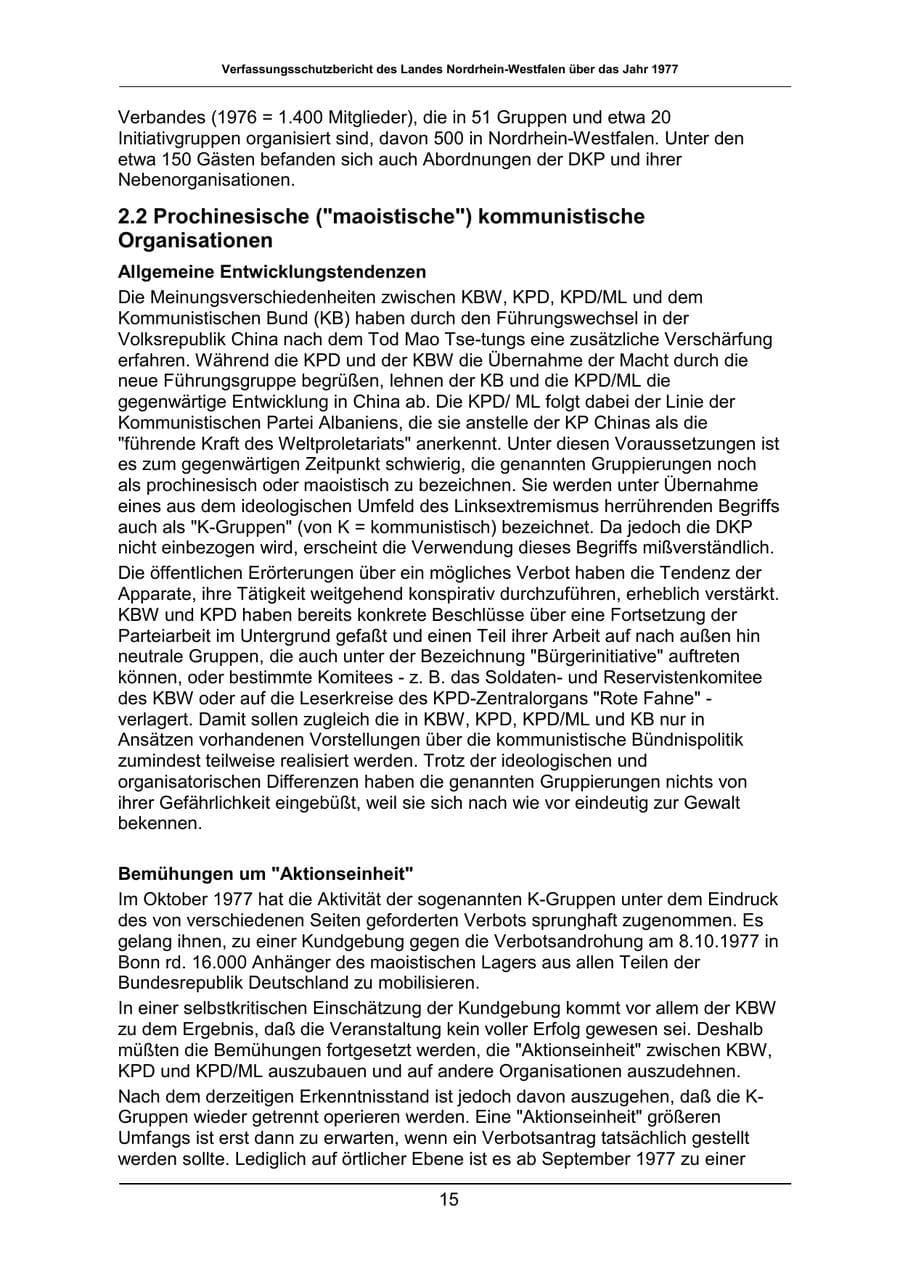 Seite 15 des Verfassungsschutzbericht 1977 Nordrhein-Westfalen