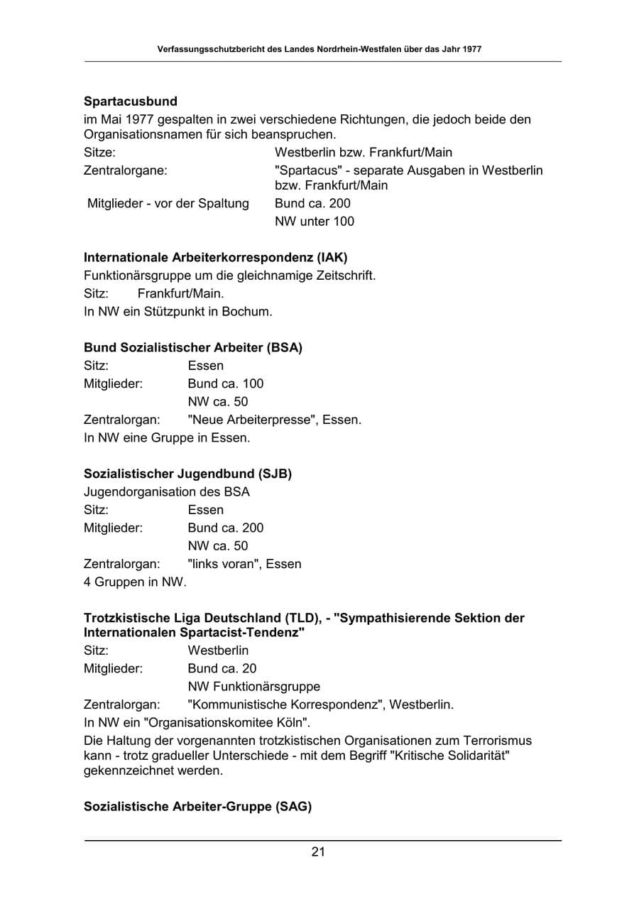 Seite 21 des Verfassungsschutzbericht 1977 Nordrhein-Westfalen