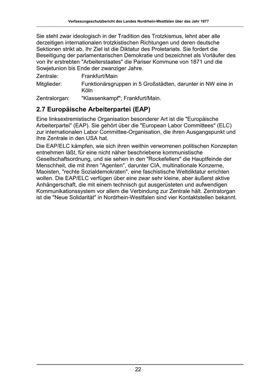 Seite 22 des Verfassungsschutzbericht 1977 Nordrhein-Westfalen