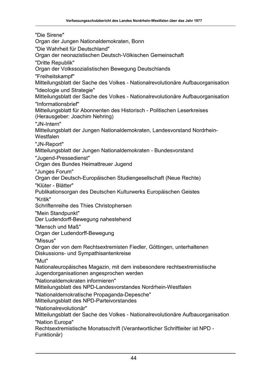 Seite 44 des Verfassungsschutzbericht 1977 Nordrhein-Westfalen