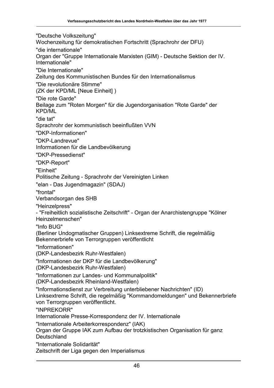 Seite 46 des Verfassungsschutzbericht 1977 Nordrhein-Westfalen