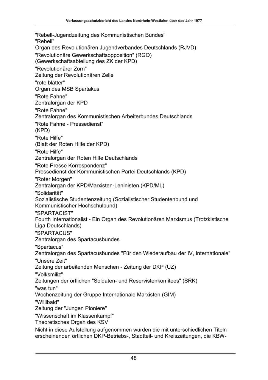 Seite 48 des Verfassungsschutzbericht 1977 Nordrhein-Westfalen