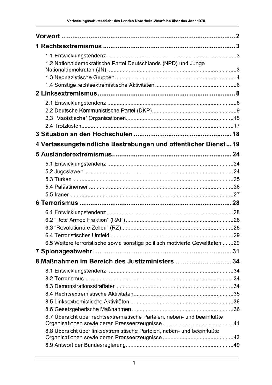 Seite 1 des Verfassungsschutzbericht 1978 Nordrhein-Westfalen