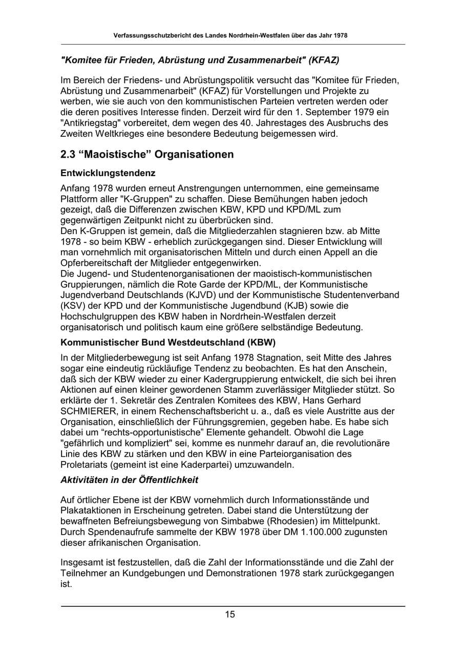 Seite 15 des Verfassungsschutzbericht 1978 Nordrhein-Westfalen