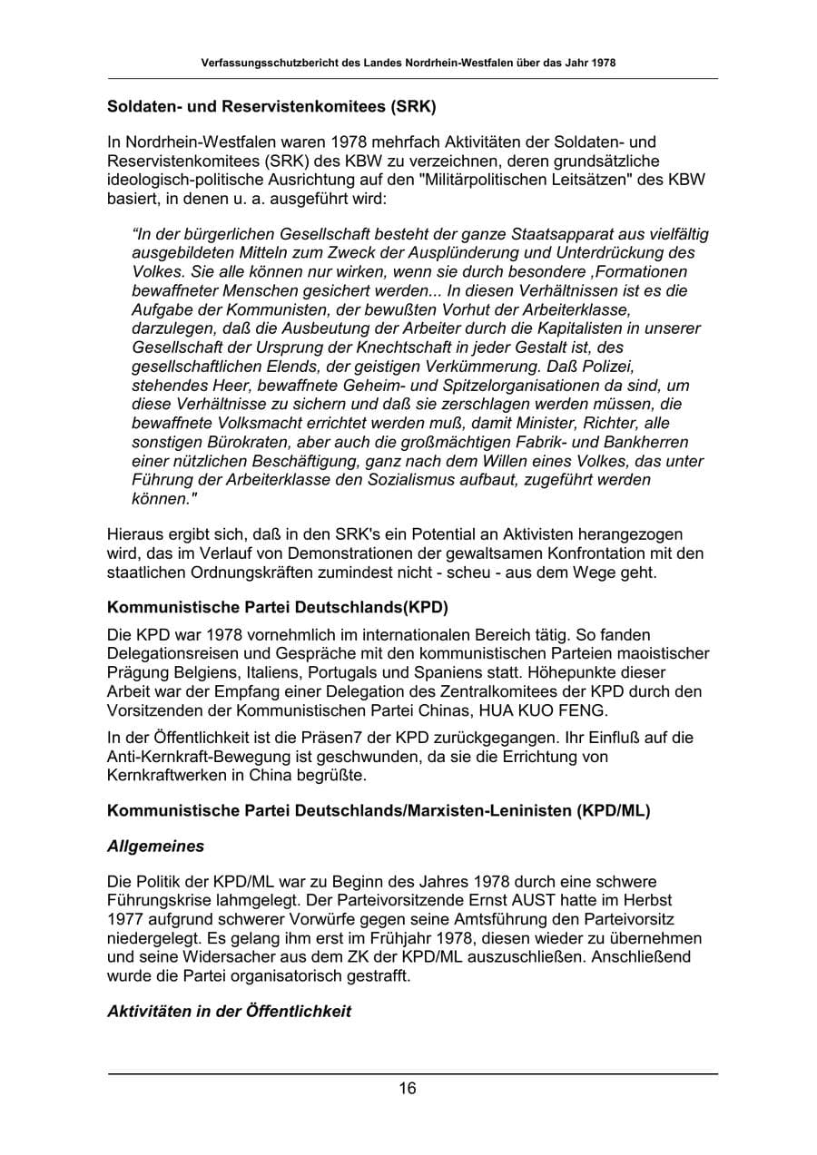 Seite 16 des Verfassungsschutzbericht 1978 Nordrhein-Westfalen
