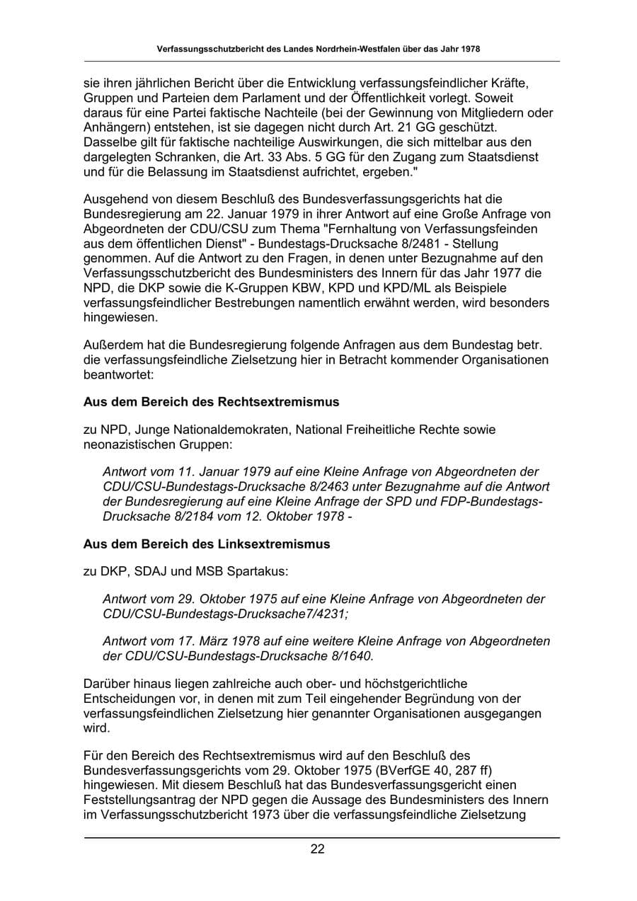 Seite 22 des Verfassungsschutzbericht 1978 Nordrhein-Westfalen