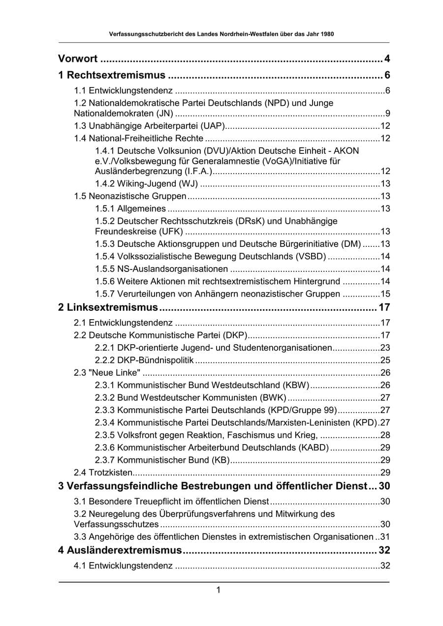 Seite 1 des Verfassungsschutzbericht 1980 Nordrhein-Westfalen