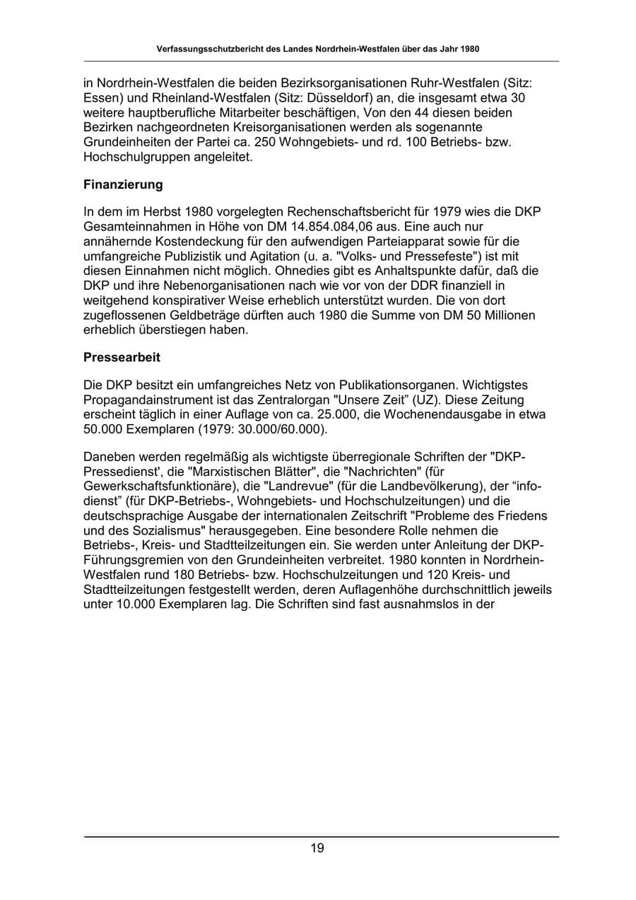 Seite 19 des Verfassungsschutzbericht 1980 Nordrhein-Westfalen
