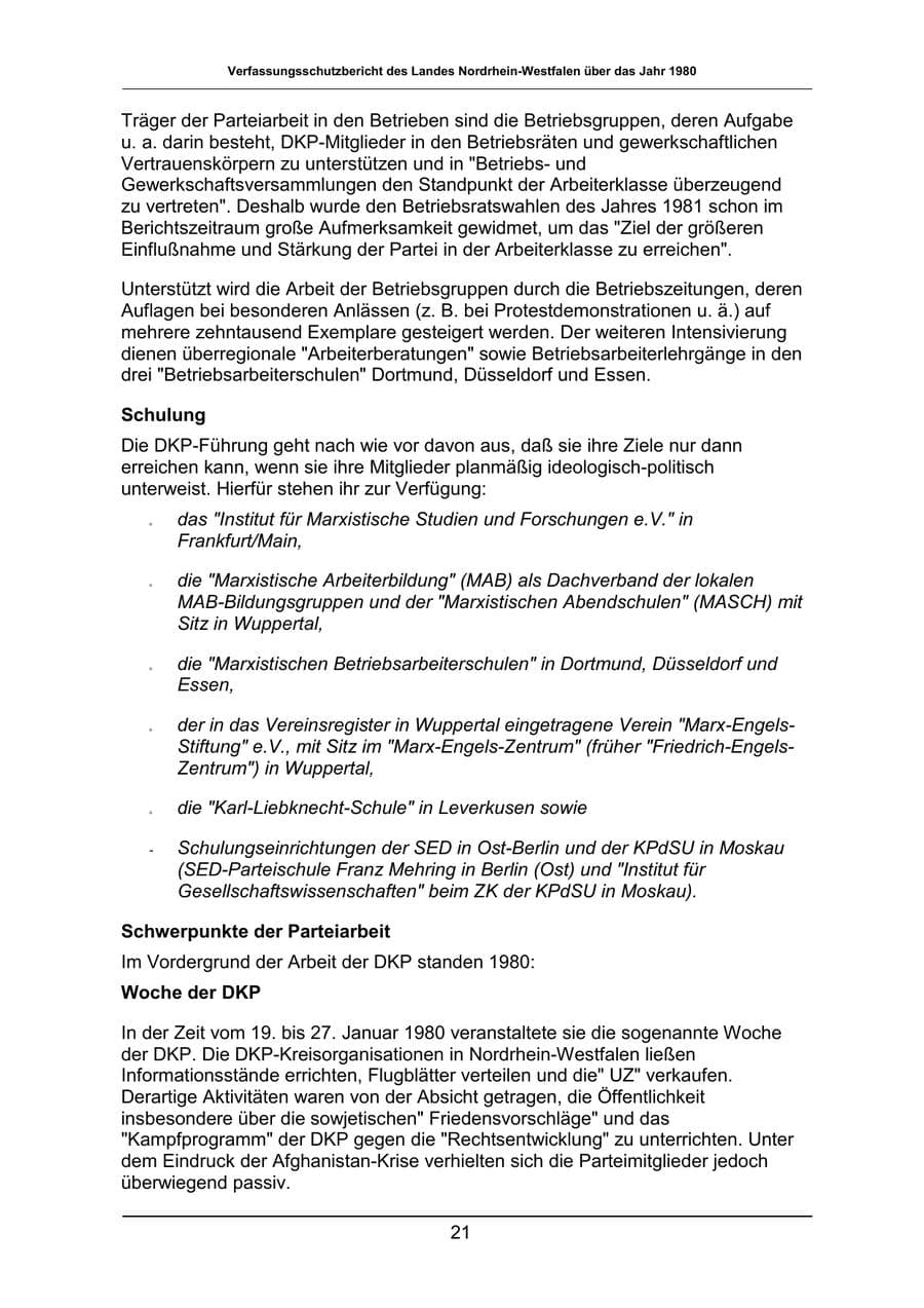 Seite 21 des Verfassungsschutzbericht 1980 Nordrhein-Westfalen