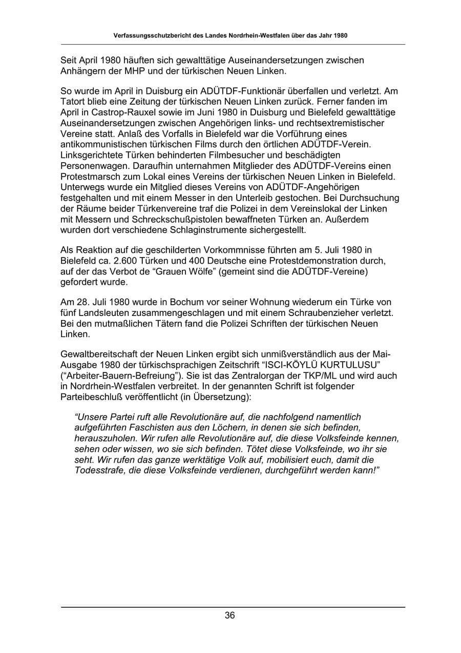 Seite 36 des Verfassungsschutzbericht 1980 Nordrhein-Westfalen