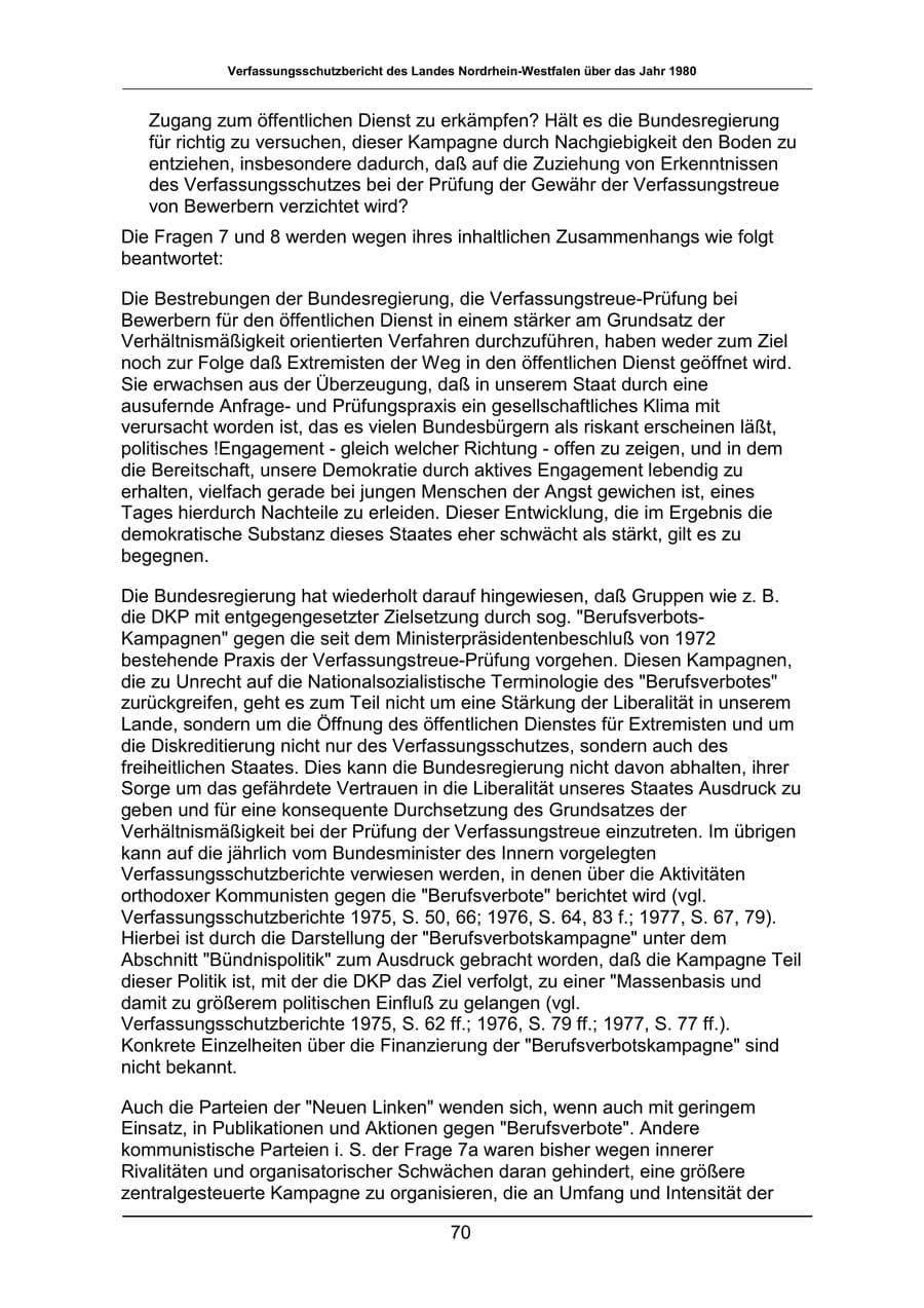 Seite 70 des Verfassungsschutzbericht 1980 Nordrhein-Westfalen