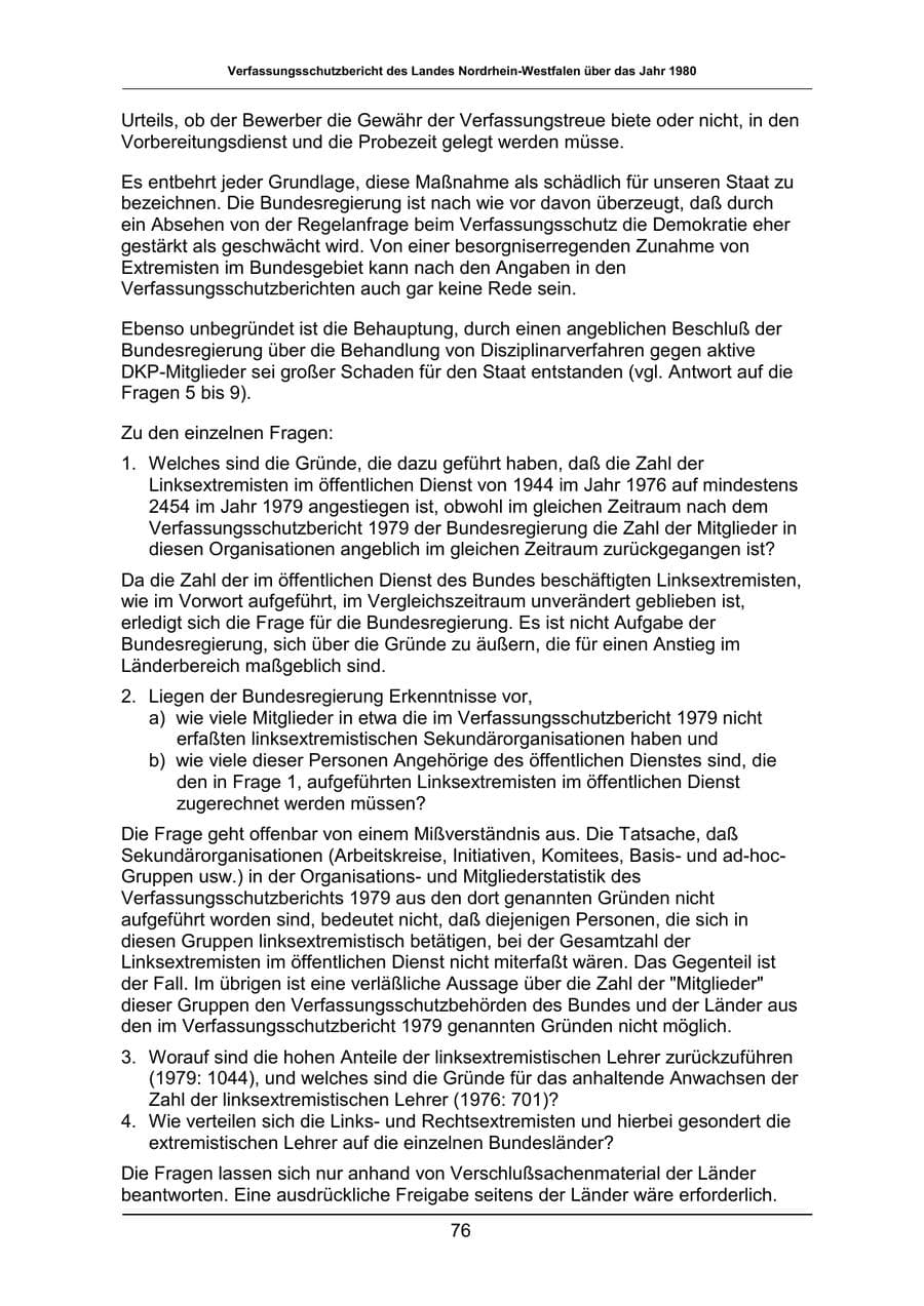 Seite 76 des Verfassungsschutzbericht 1980 Nordrhein-Westfalen