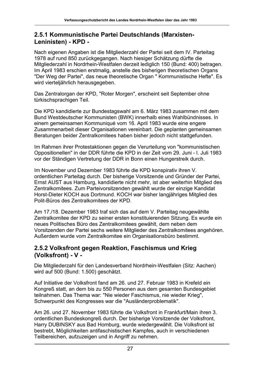 Seite 27 des Verfassungsschutzbericht 1983 Nordrhein-Westfalen