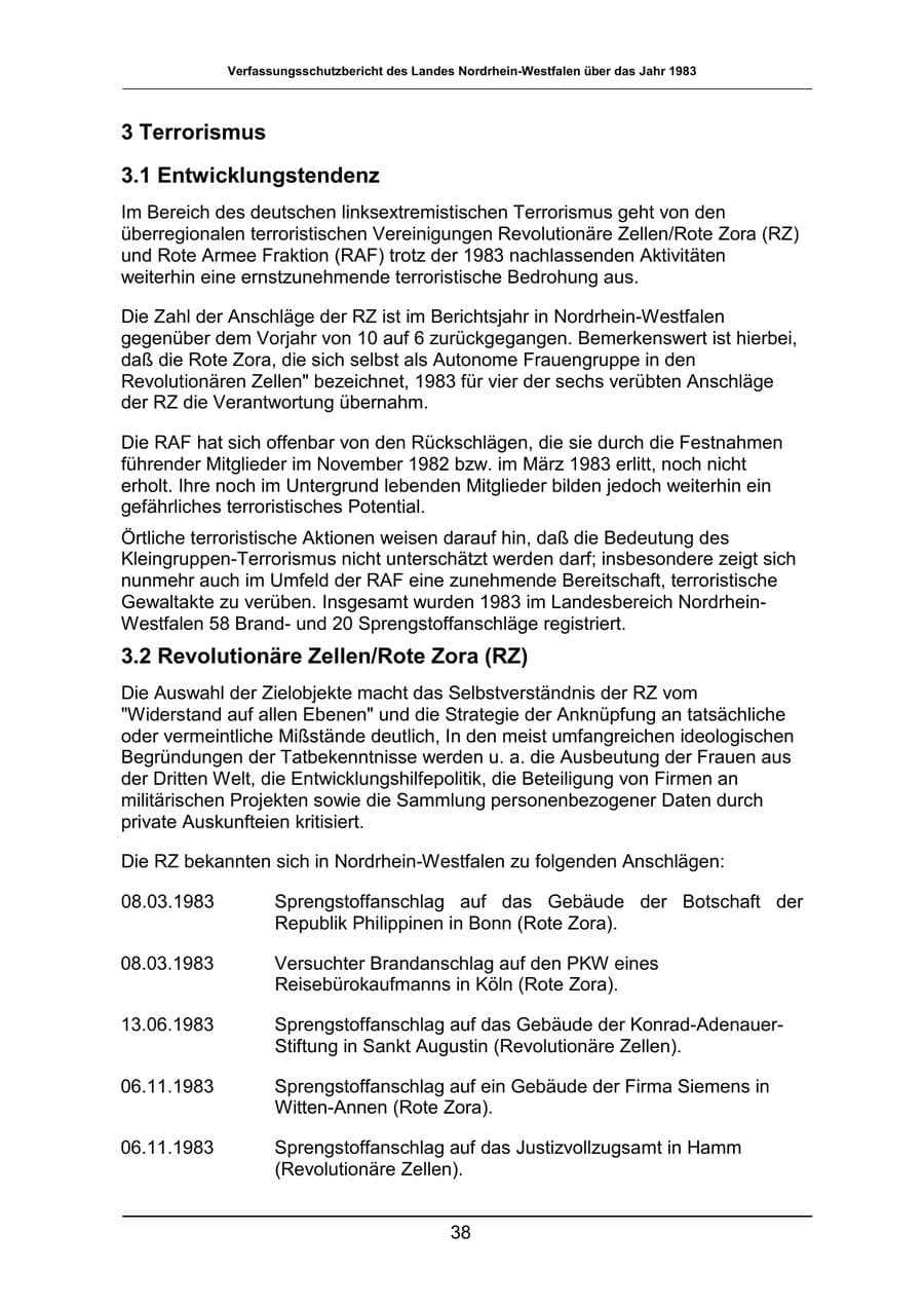 Seite 38 des Verfassungsschutzbericht 1983 Nordrhein-Westfalen