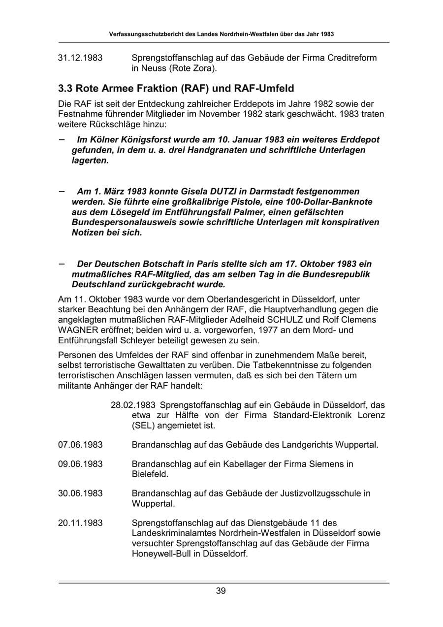 Seite 39 des Verfassungsschutzbericht 1983 Nordrhein-Westfalen