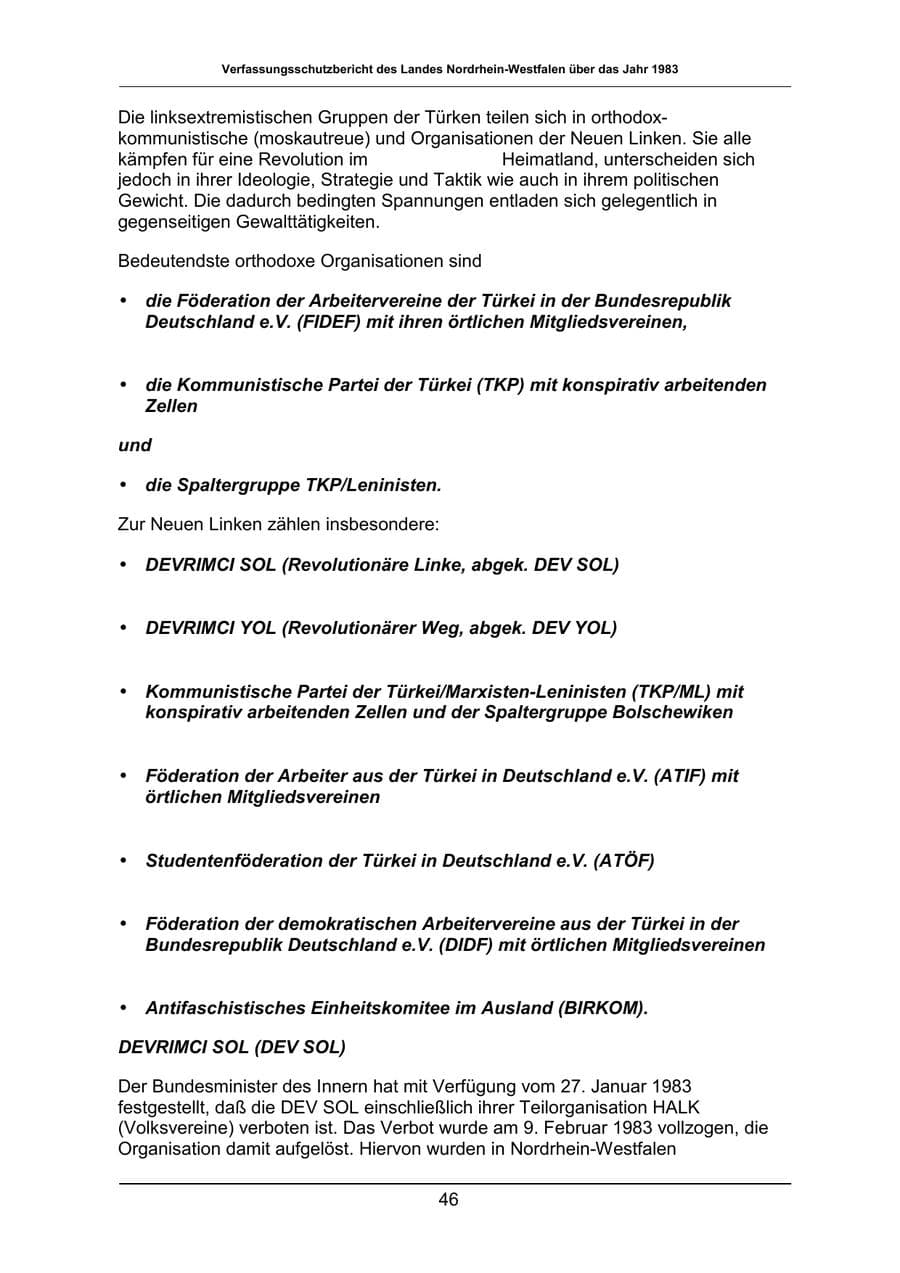 Seite 46 des Verfassungsschutzbericht 1983 Nordrhein-Westfalen