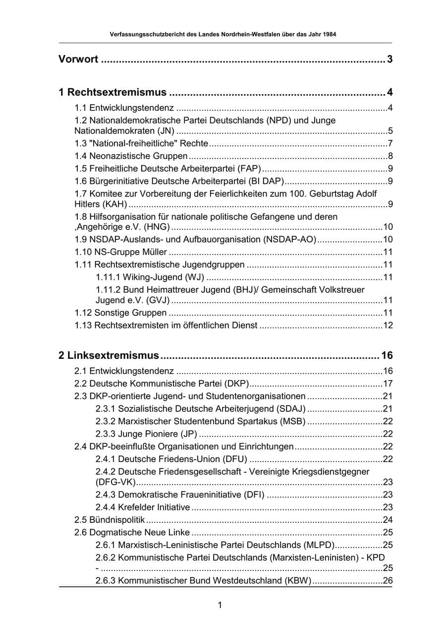 Seite 1 des Verfassungsschutzbericht 1984 Nordrhein-Westfalen